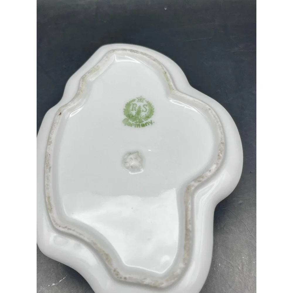 Antique R&S Germany Porcelain Trinket Box Leaf Dish Rose Floral‎ Lidded 4.25